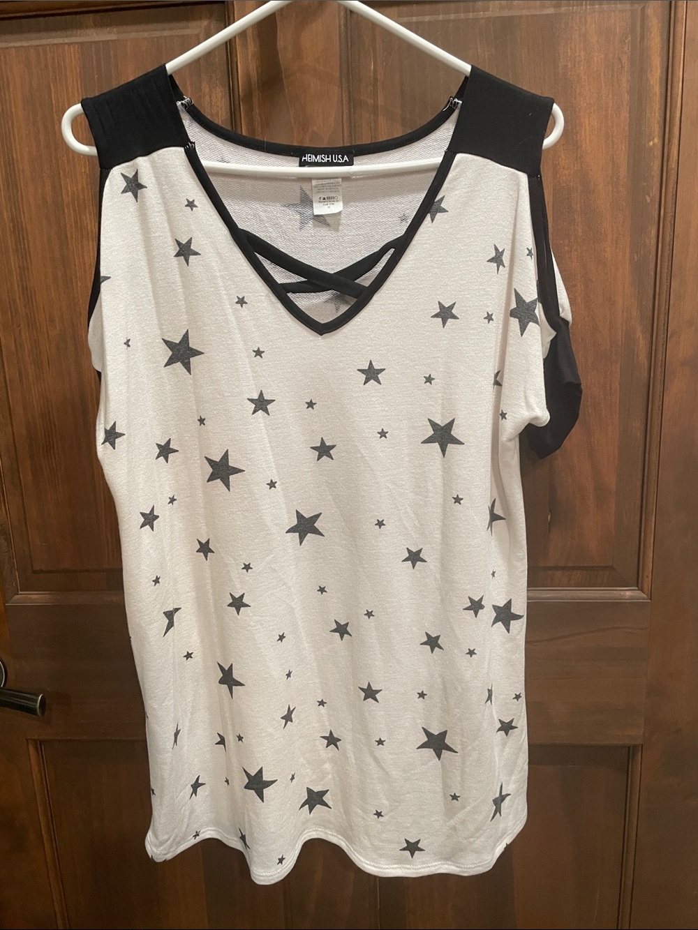 HEIMISH USA White Star Print Cold-Shoulder Tank with Black Trim